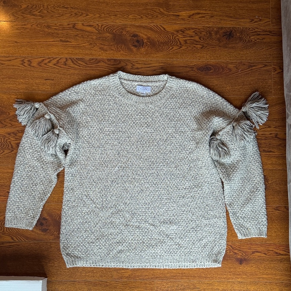 Mud Pie Heathered Gray Sweater with Tassel Accents